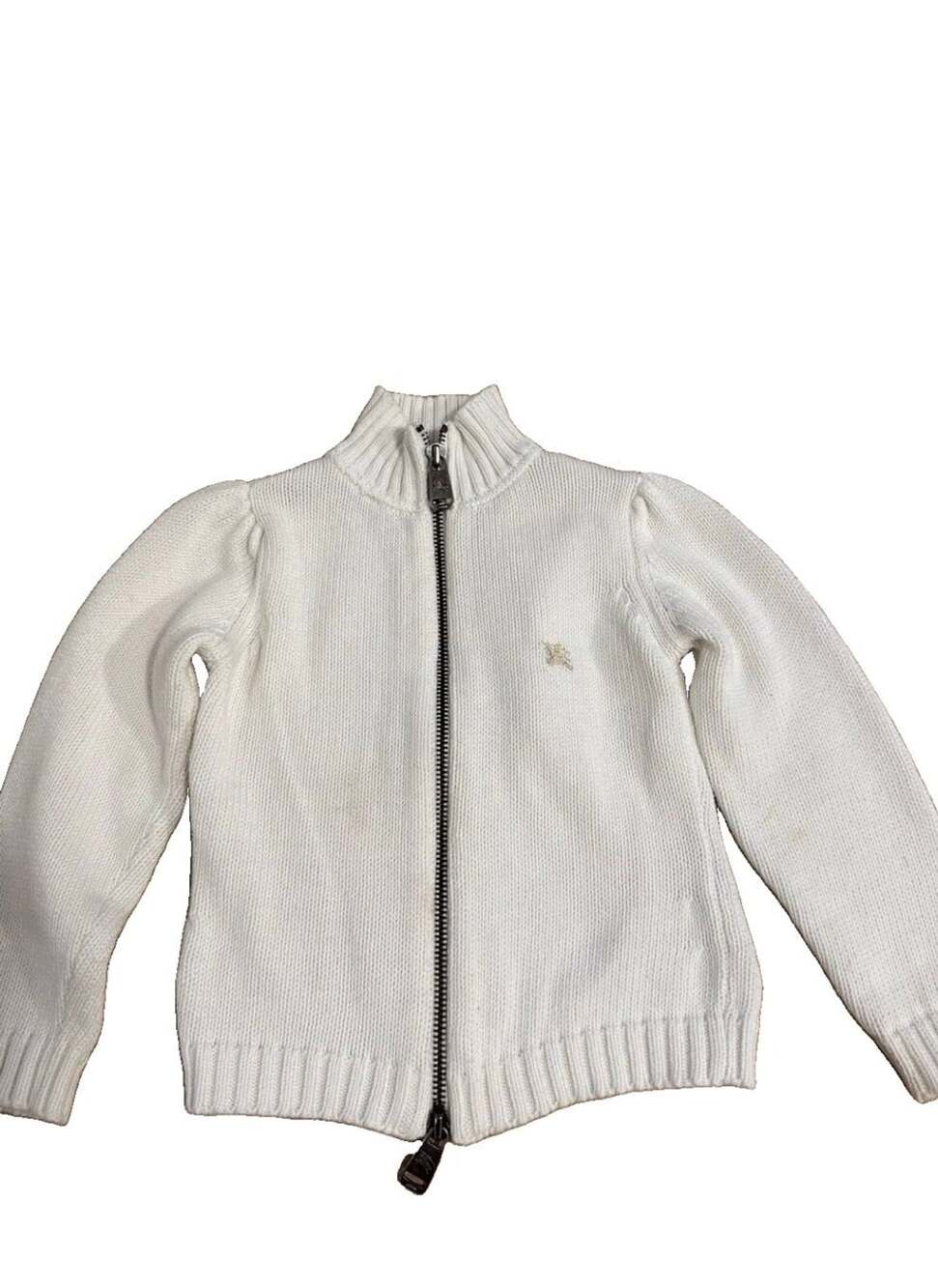 Burberry White Cable Knit Zip Up Sweater with Check Elbow Patches 3Y/98cm